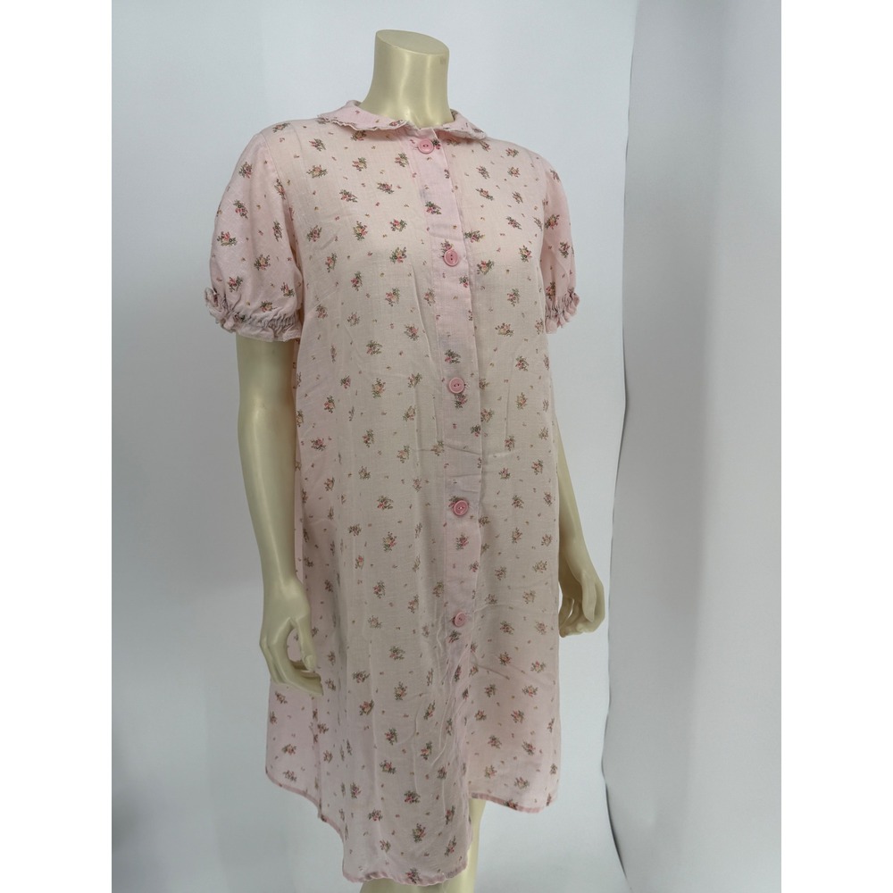 Vintage 1950s Handmade Pink Floral Cotton Puff Sleeve House Robe Semi Sheer